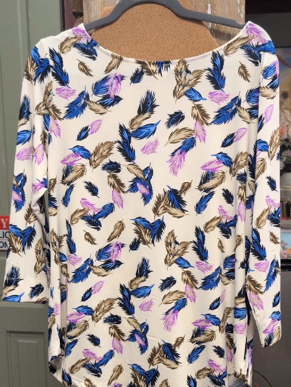 Women's Cream Feather Print Blouse with Blue & Pink Accents